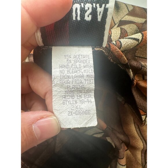 Vintage USA Women’s Blouse 2XL Brown Geometric Print Shoulder Pads Stretch - Picture 6 of 7